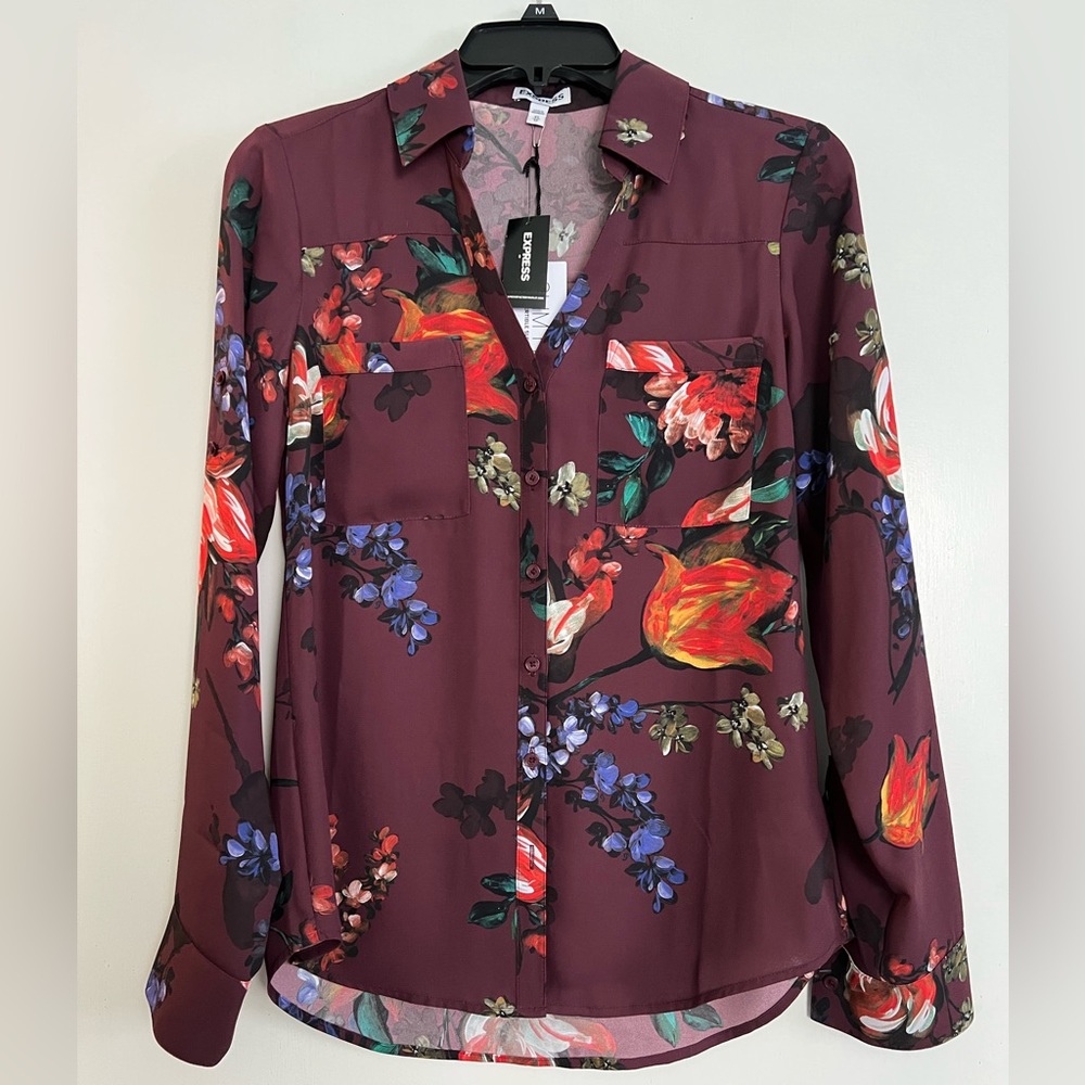 NWT Express Slim Fit Portofino Burgundy Floral Print XS